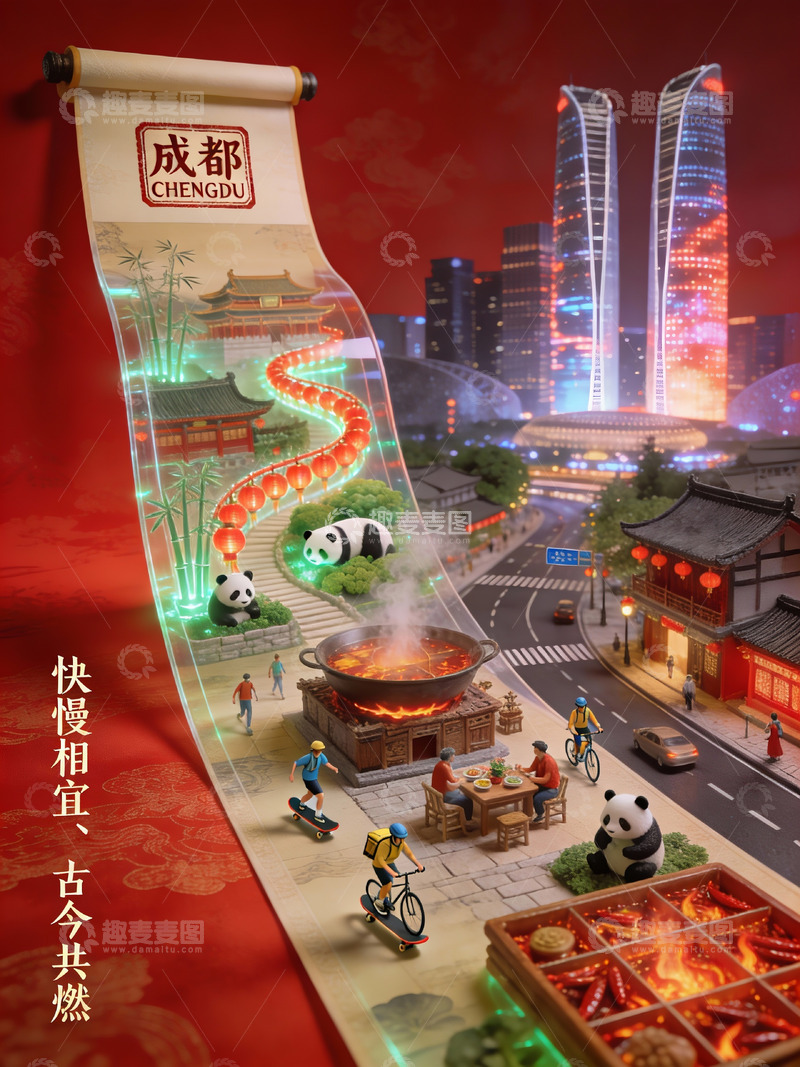 高清大图下载【趣麦麦图】锦官城韵：卷轴间的古今烟火交织