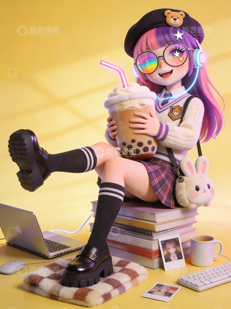 高清大图下载【趣麦麦图】潮系少女：奶茶与霓虹青春日常