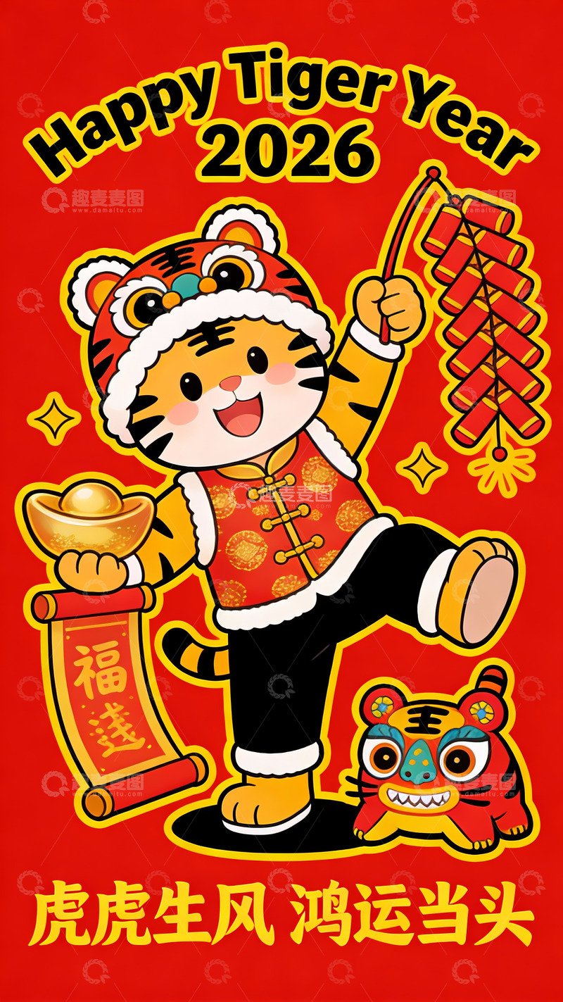 高清大图下载【趣麦麦图】萌虎闹春：2026 鸿运当头庆新年