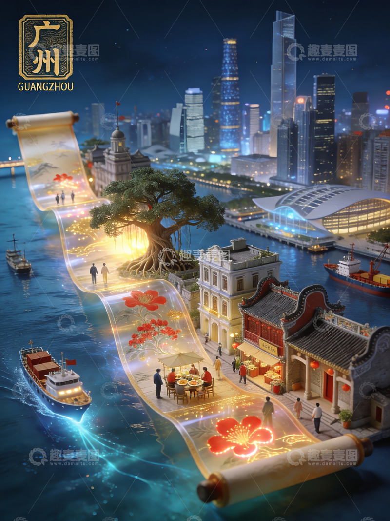 高清大图下载【趣麦麦图】珠水长卷：广州古今交织的夜与昼