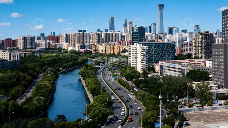 高清大图下载【趣麦麦图】城河伴车流通绿带拥摩天楼群