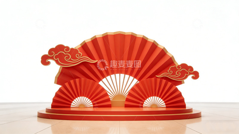 高清大图下载【趣麦麦图】中国风红色折扇舞台背景
