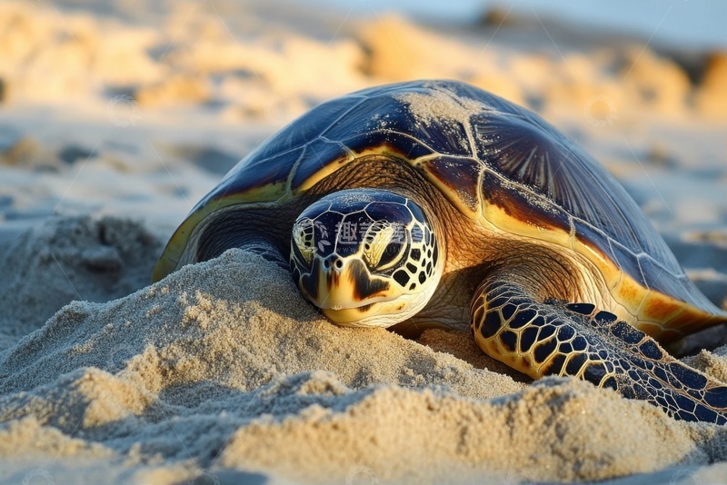 高清大图下载【趣麦麦图】卧在沙堆里的一只海龟