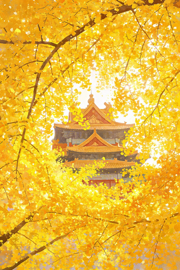 暖黄银杏间的传统建筑风貌