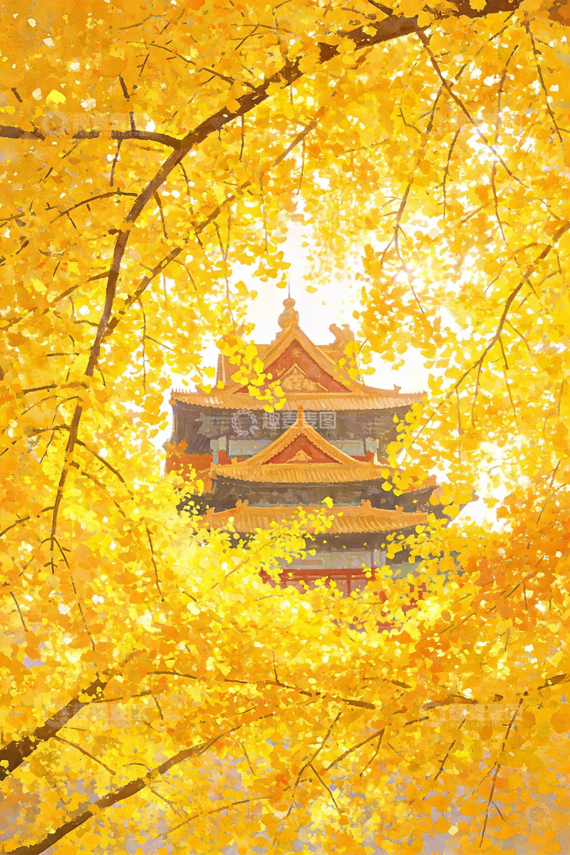 高清大图下载【趣麦麦图】-暖黄银杏间的传统建筑风貌