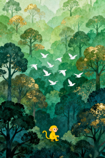 青绿林野间的群鸟翩飞图景