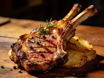 焦香嫩汁的烤羊排精致摆盘特写