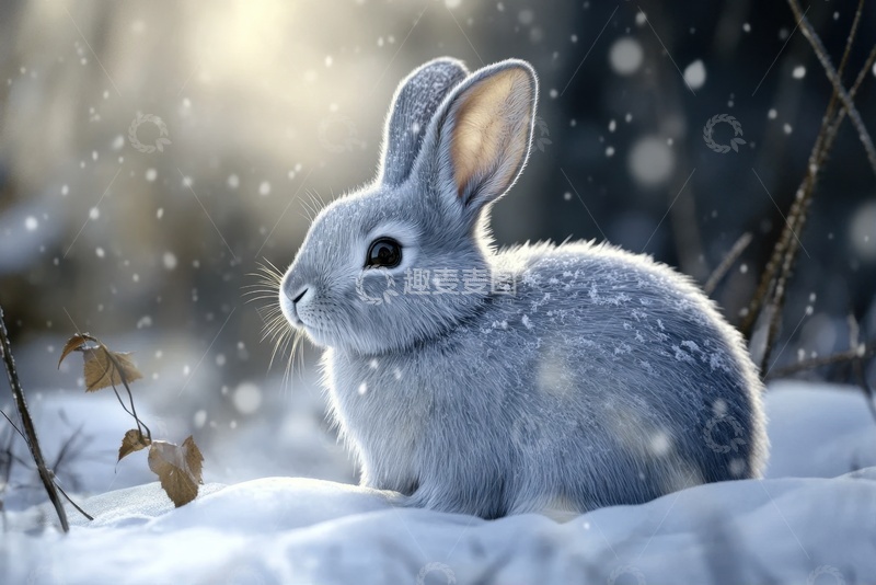 高清大图下载【趣麦麦图】冬季冰雪里的一只小灰兔子