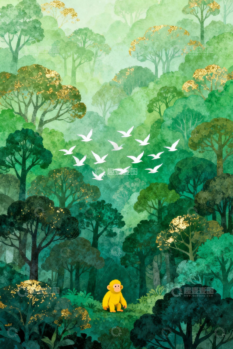 高清大图下载【趣麦麦图】翠色林海与飞鸟交织的清新盛景