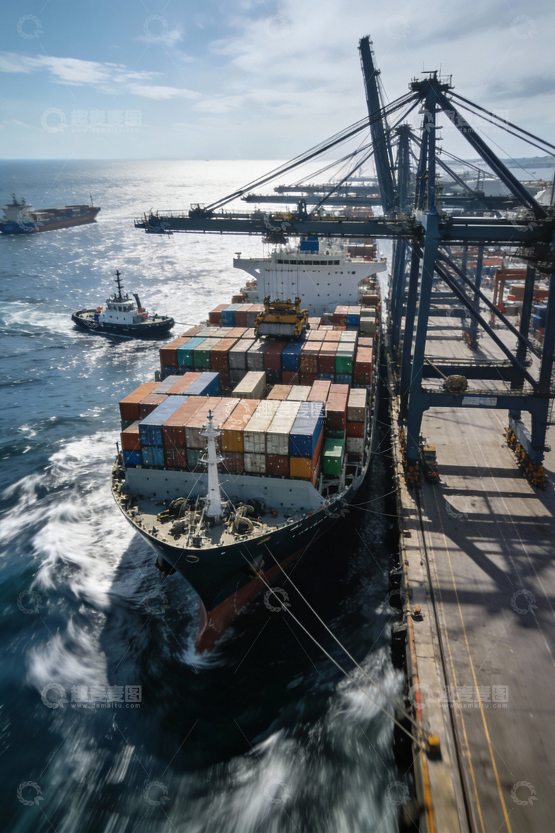 高清大图下载【趣麦麦图】港区暖阳下的货轮作业图景