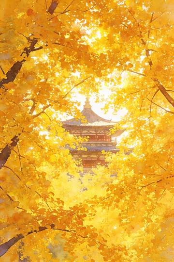 鎏金叶隙里的古建悠然画面