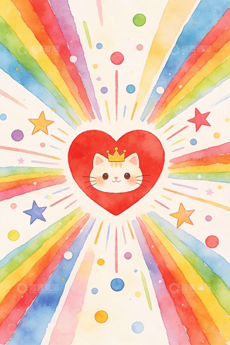 高清大图下载【趣麦麦图】彩虹簇拥下的萌猫爱心治愈画面