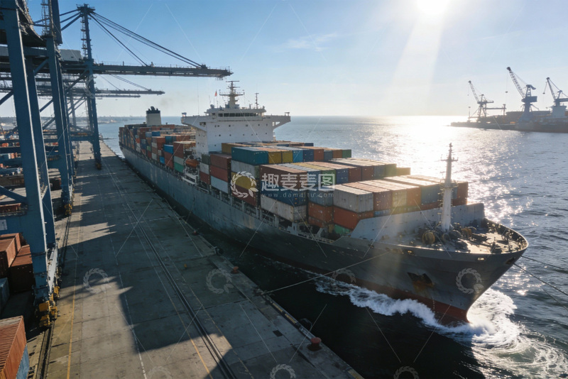 高清大图下载【趣麦麦图】港域里的货轮与箱垛繁忙画面