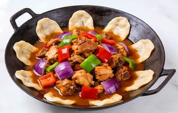 粘着饼子的铁锅炖鸡
