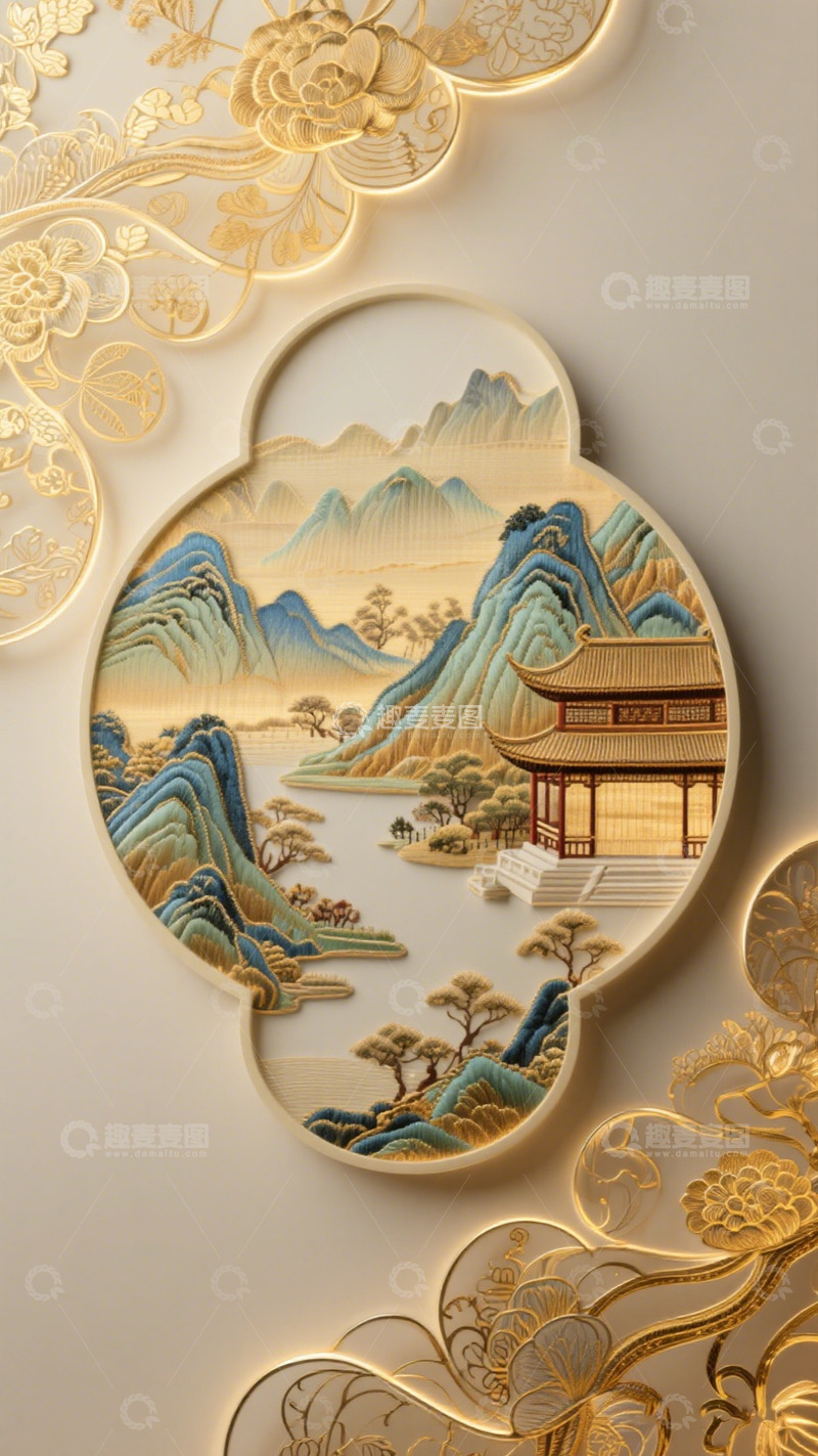 高清大图下载【趣麦麦图】中式山水刺绣装饰画