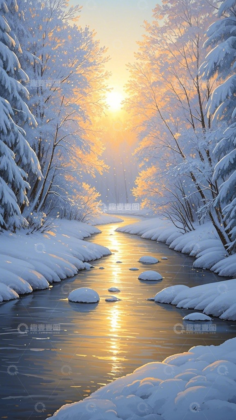高清大图下载【趣麦麦图】冬日雪景溪流绘画