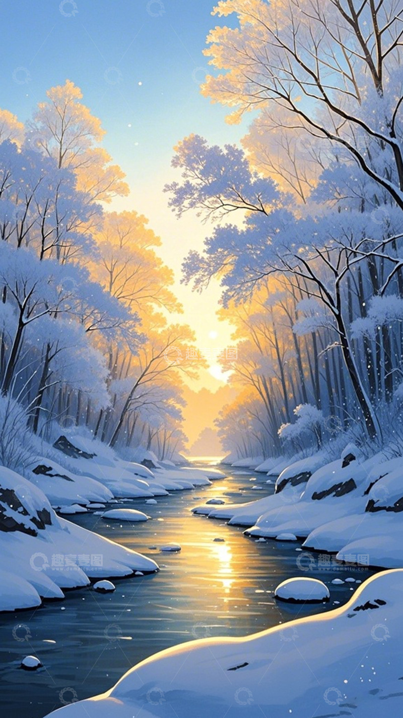 高清大图下载【趣麦麦图】冬日雪景溪流油画