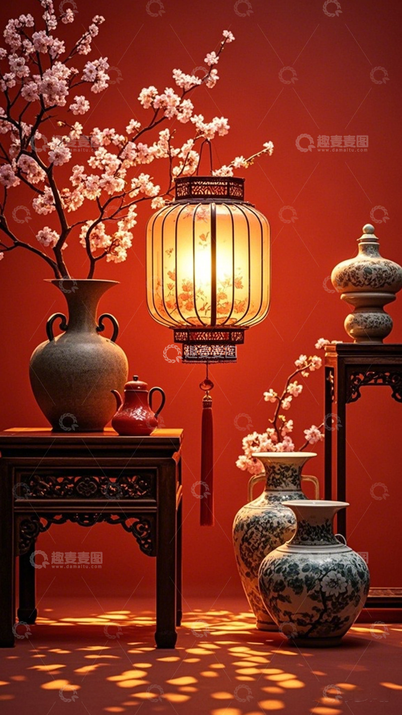 高清大图下载【趣麦麦图】中式古典花瓶灯笼装饰场景