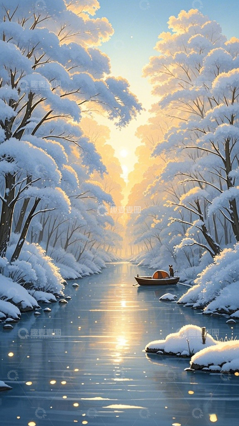 高清大图下载【趣麦麦图】雪景冬日河流插画