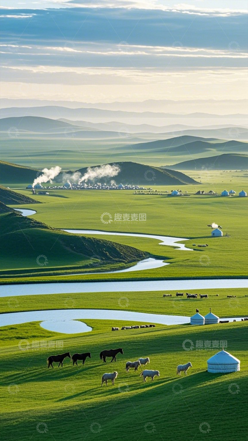 高清大图下载【趣麦麦图】草原河流马群风景图