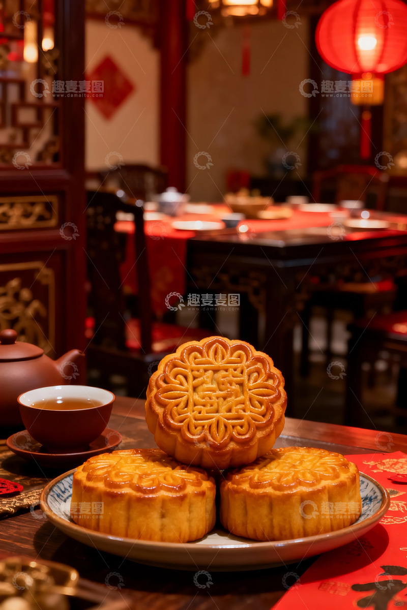 高清大图下载【趣麦麦图】中式餐厅月饼茶具场景