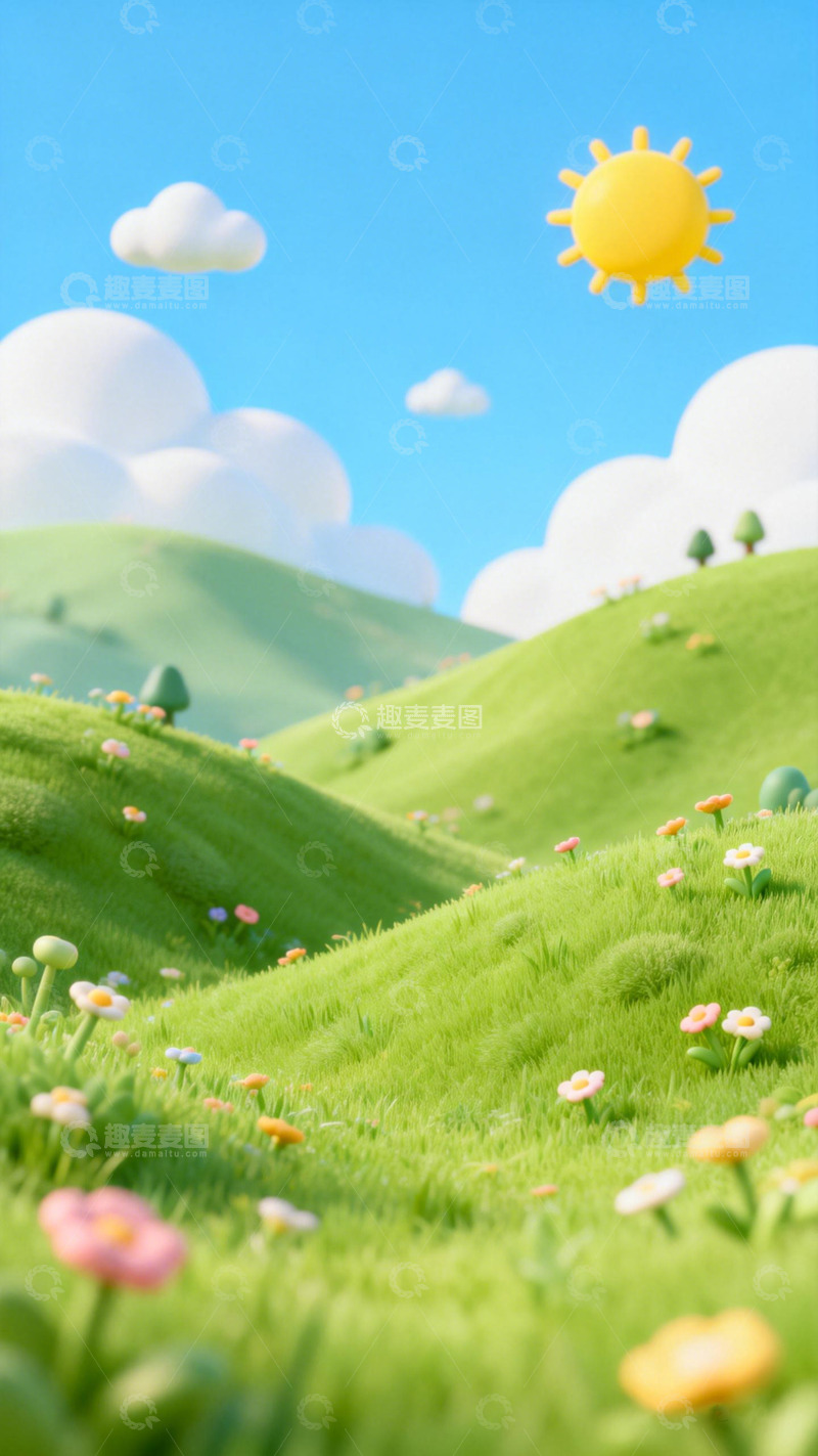 高清大图下载【趣麦麦图】卡通风阳光山坡花朵景观