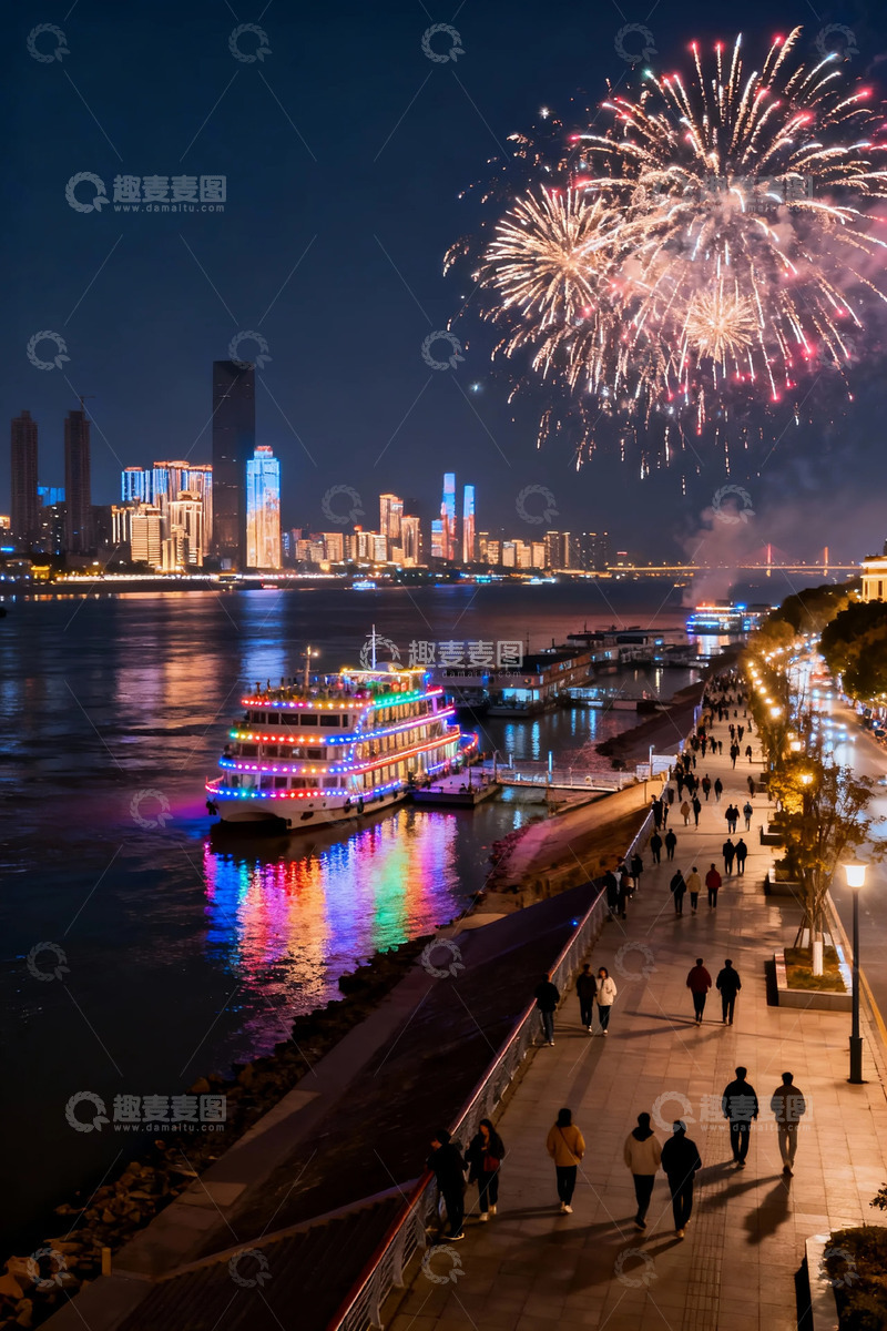 高清大图下载【趣麦麦图】城市夜景烟花游船