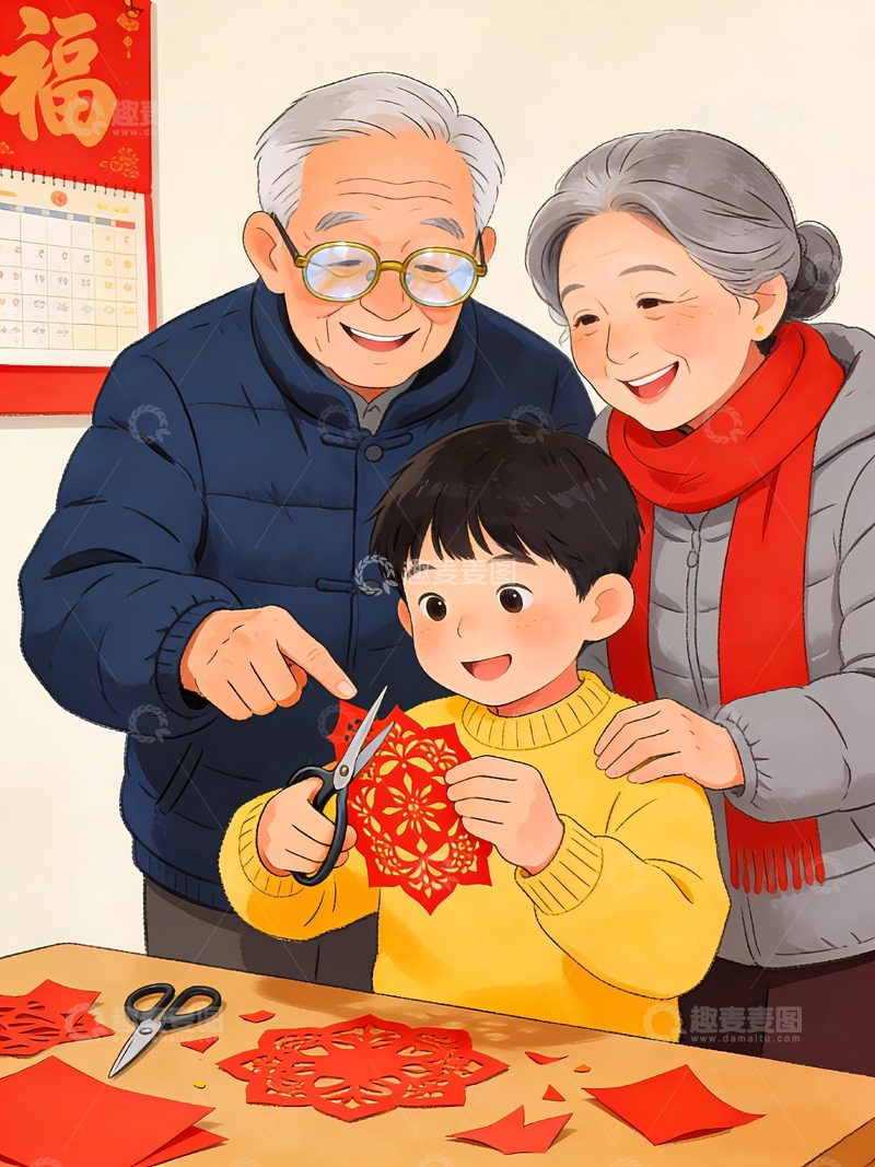 高清大图下载【趣麦麦图】春节小朋友剪窗花