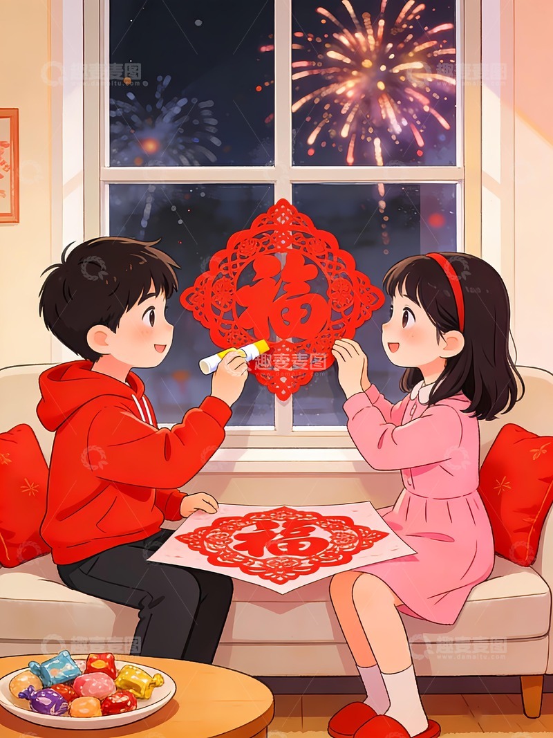 高清大图下载【趣麦麦图】贴窗花过大年