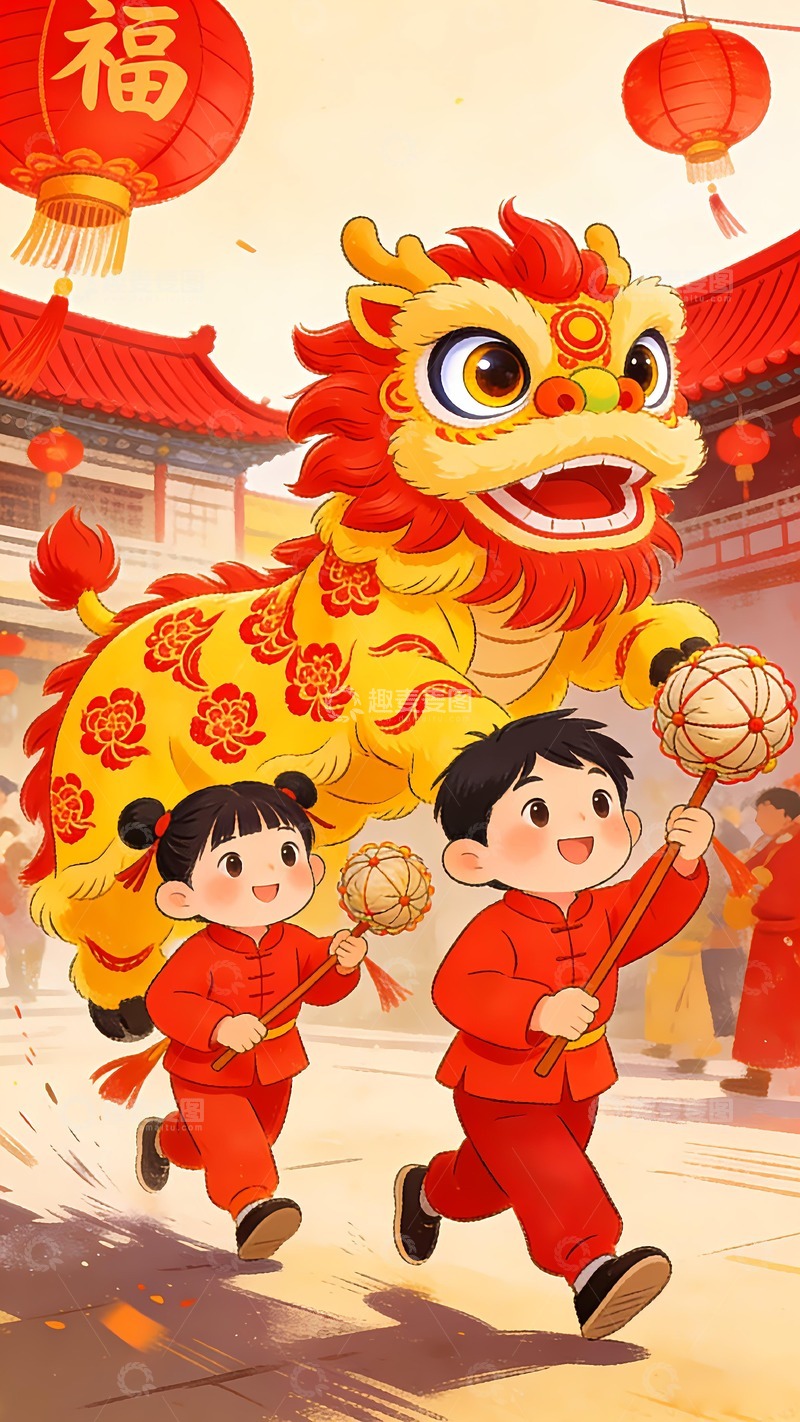 高清大图下载【趣麦麦图】马年2026年舞狮闹元宵