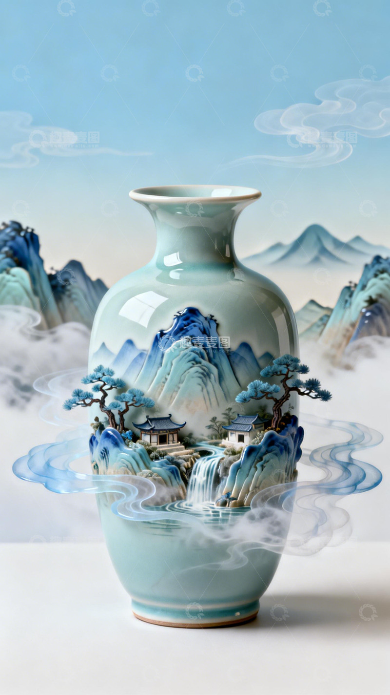 高清大图下载【趣麦麦图】青花瓷山水风景瓶艺术装饰