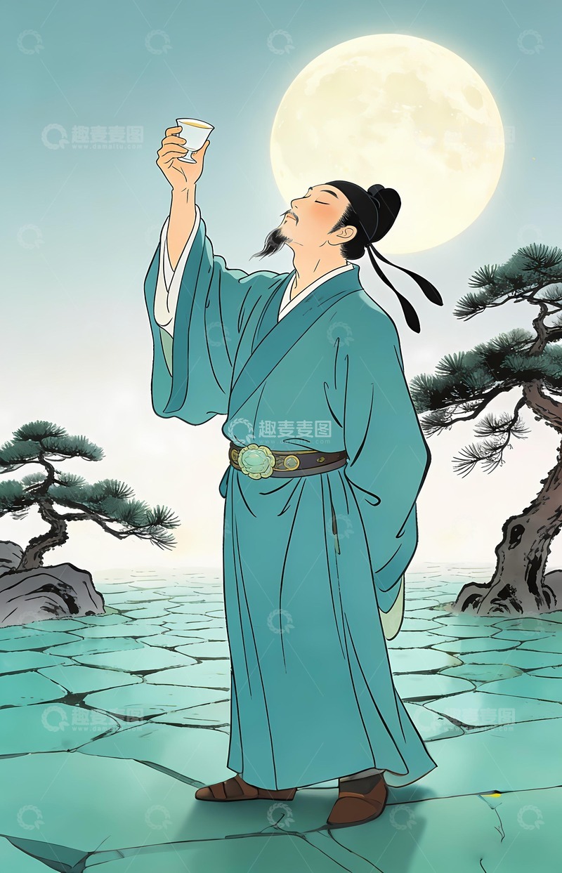 高清大图下载【趣麦麦图】唐代诗人李白饮酒图