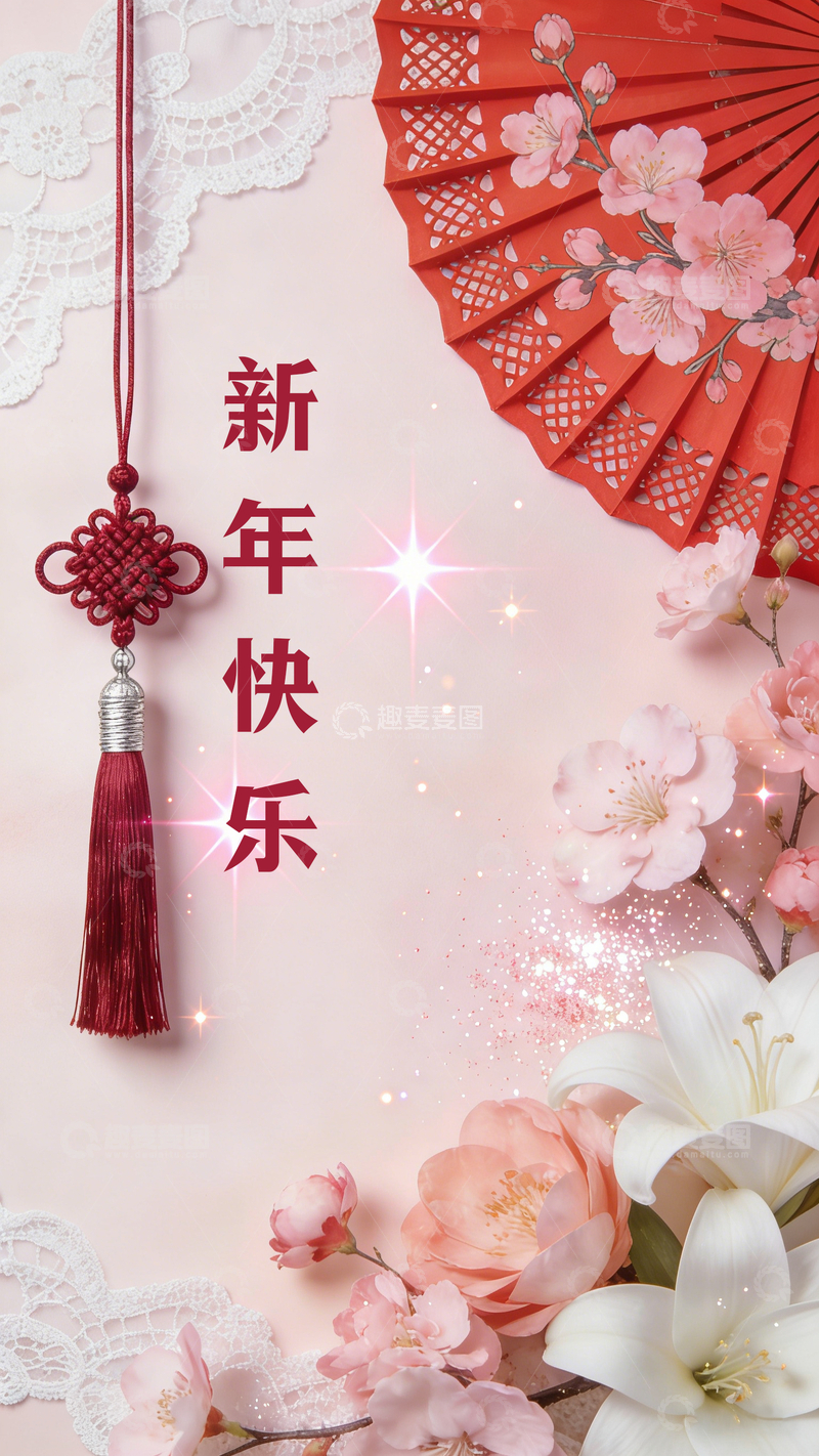 源文件下载【趣麦麦图】新春祝福樱花扇面喜庆设计
