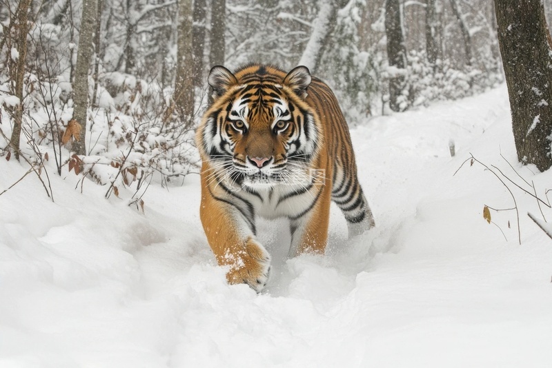 高清大图下载【趣麦麦图】冬季行走在雪地上的老虎