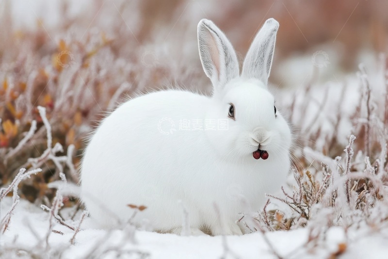 高清大图下载【趣麦麦图】雪地里蹲着的一只小白兔