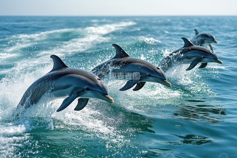 高清大图下载【趣麦麦图】大海里跳跃的一群海豚