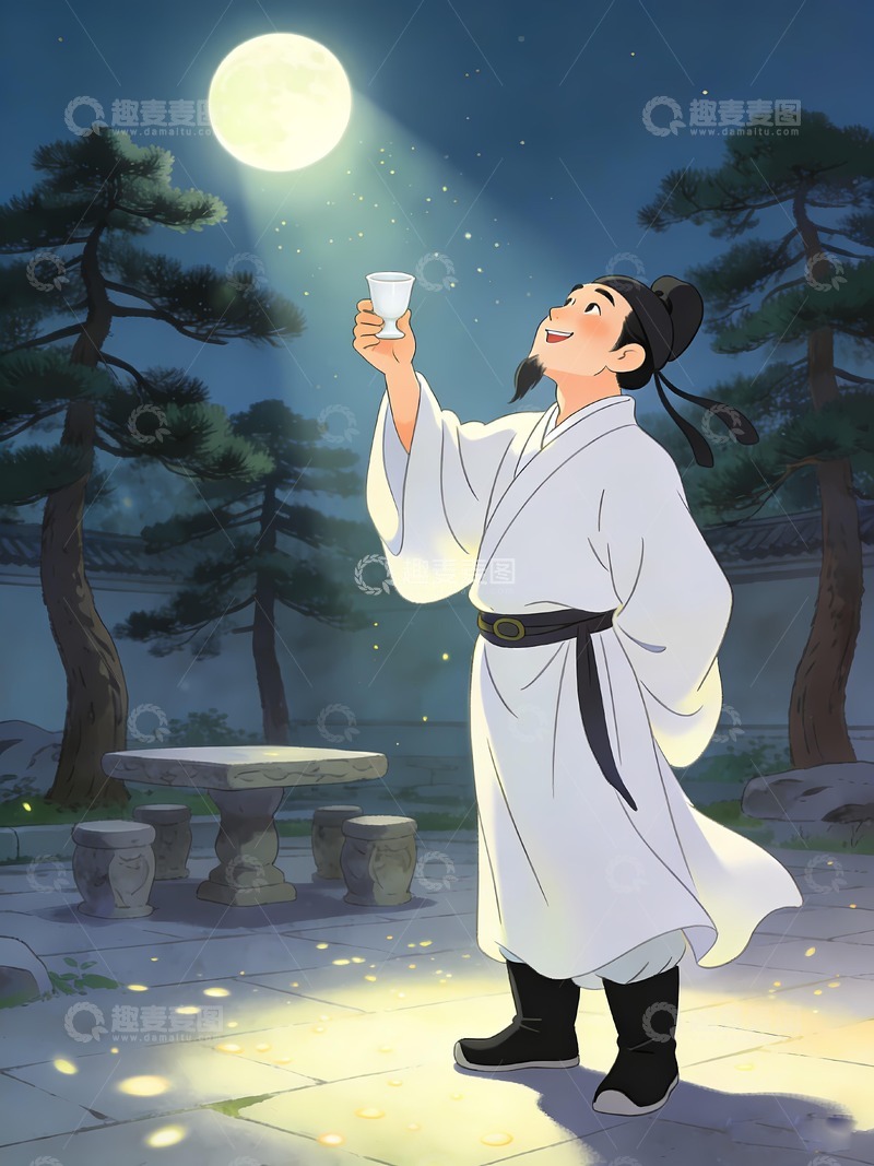 高清大图下载【趣麦麦图】李白对月饮酒
