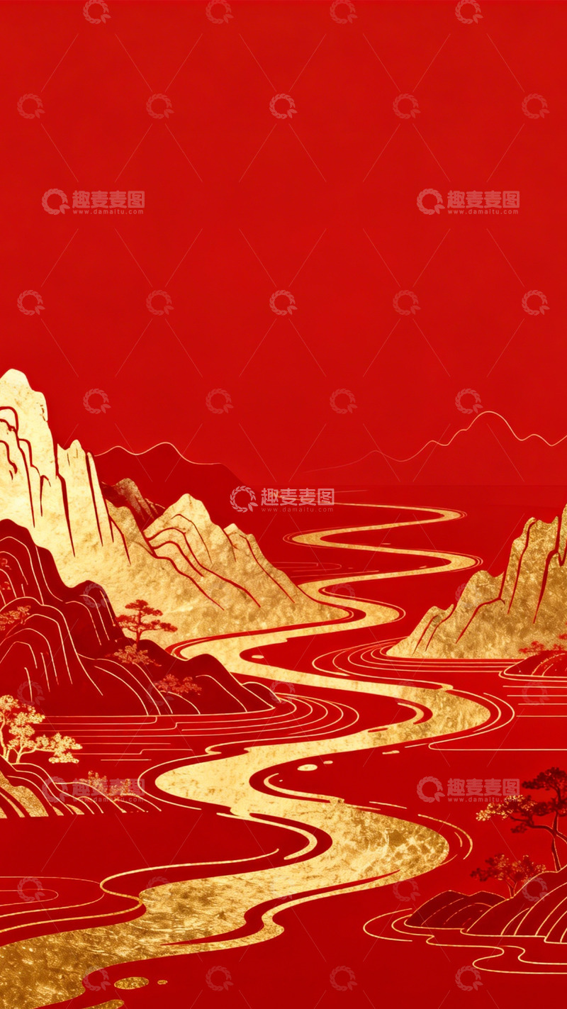 高清大图下载【趣麦麦图】红金山水国风喜庆1