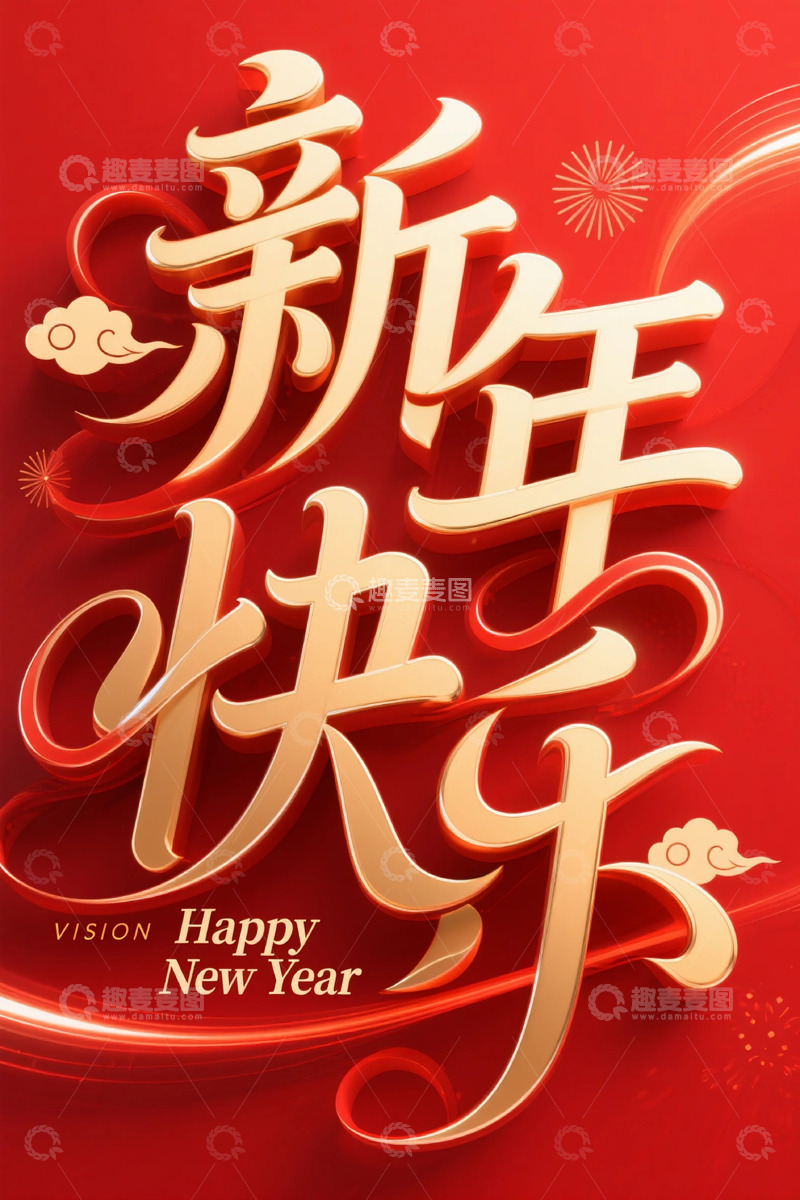 高清大图下载【趣麦麦图】新年快乐喜庆艺术字设计