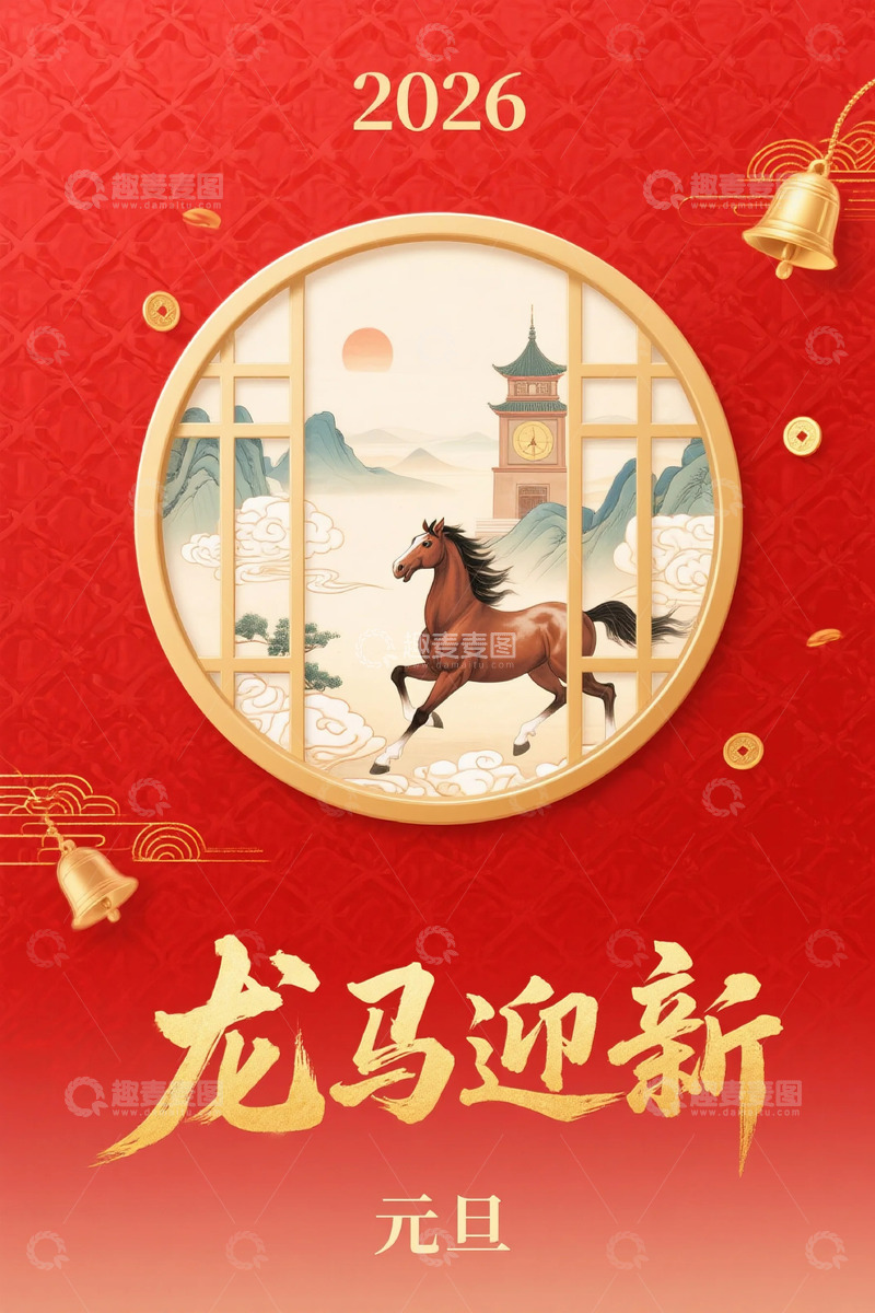 高清大图下载【趣麦麦图】龙马迎新喜庆海报