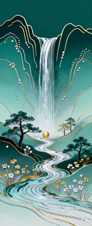 金线山水风景艺术插画