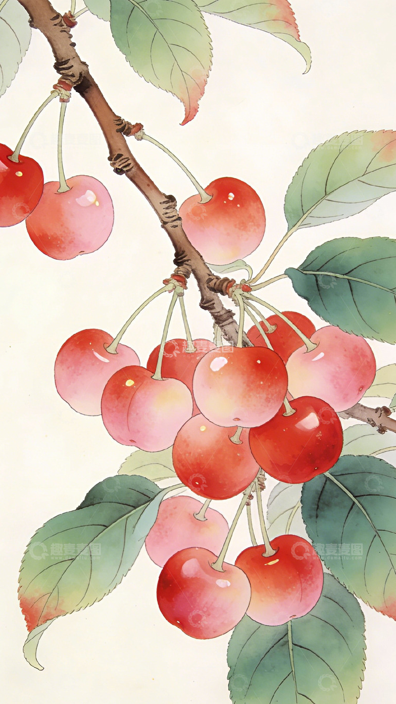 高清大图下载【趣麦麦图】樱枝鲜色水彩自然之美3