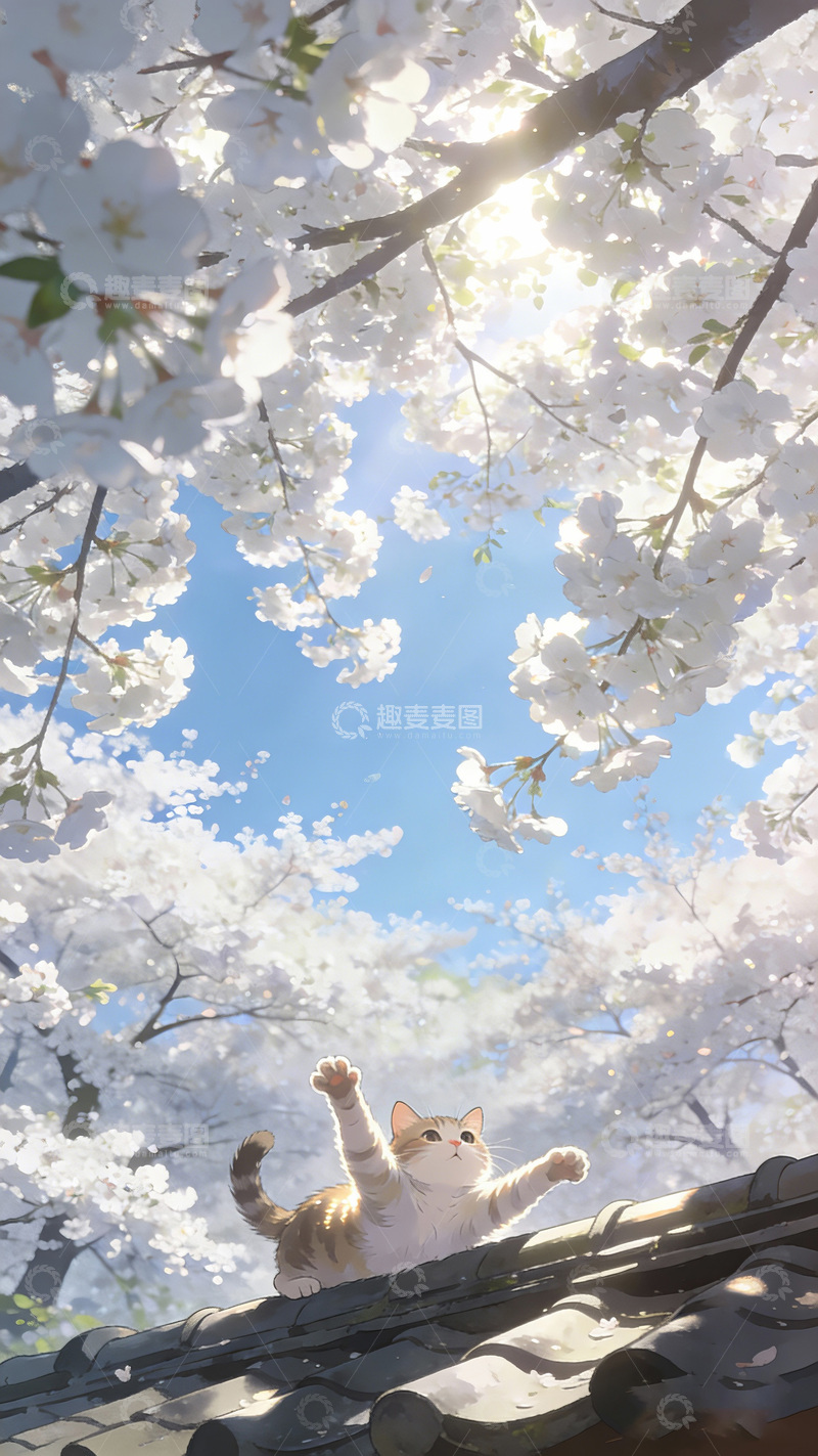 高清大图下载【趣麦麦图】春日樱花屋顶猫咪插画