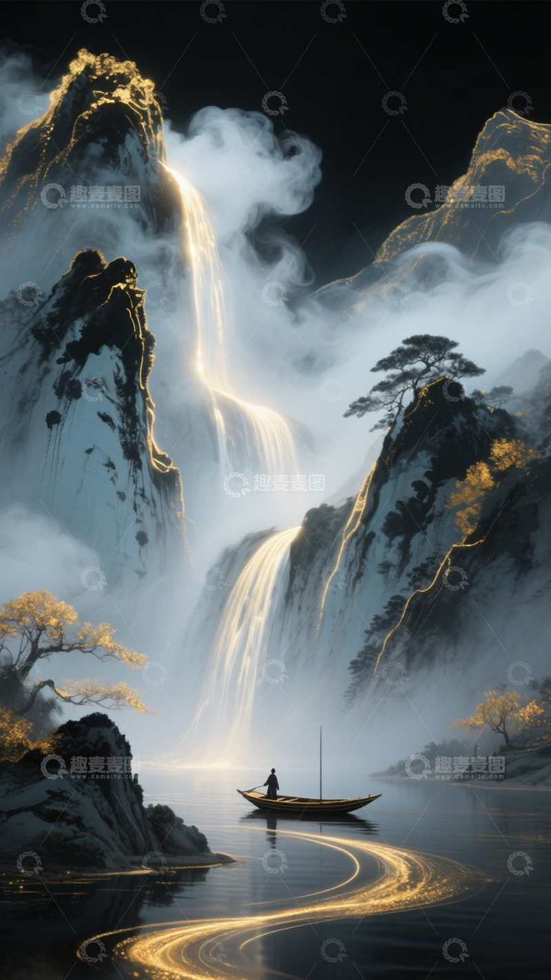 高清大图下载【趣麦麦图】雾隐鎏金山水孤舟之境2