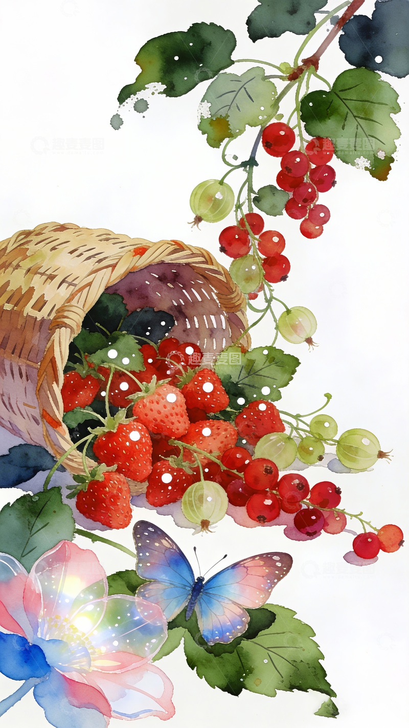 高清大图下载【趣麦麦图】水彩水果蝴蝶花卉装饰画