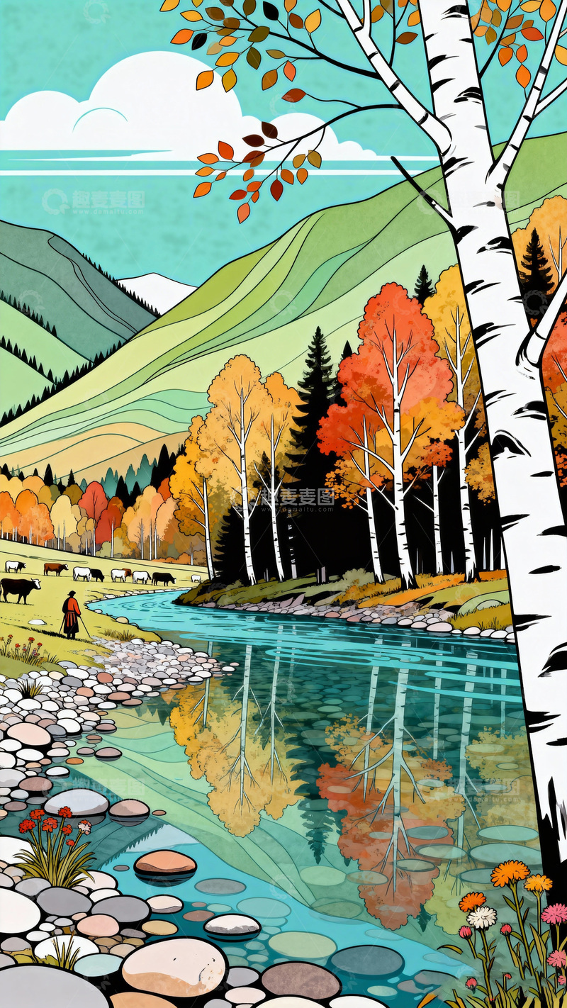 高清大图下载【趣麦麦图】秋日山水风景插画