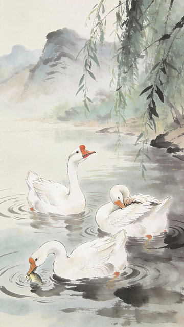 中国风水墨鹅戏水图