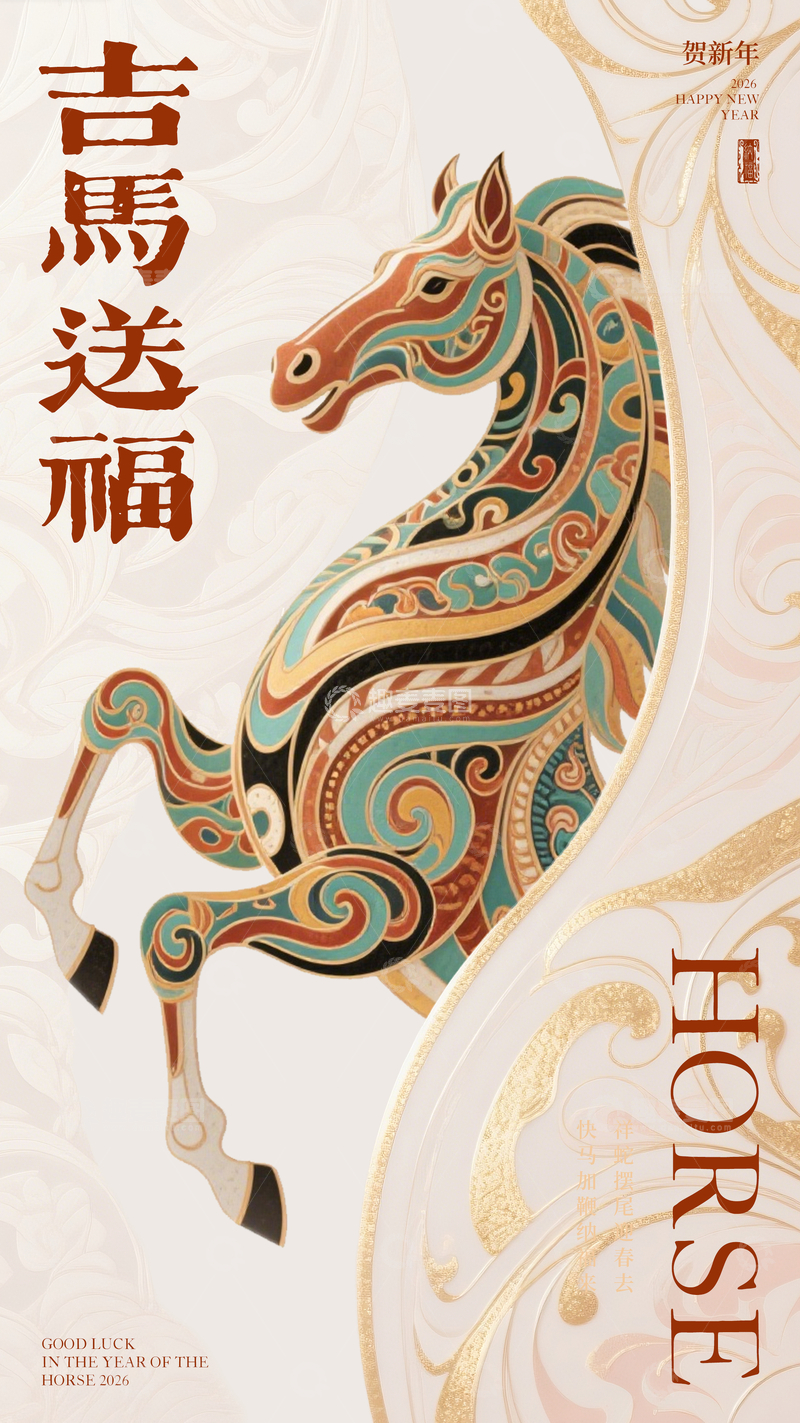 源文件下载【趣麦麦图】-吉马送福新年艺术海报设计