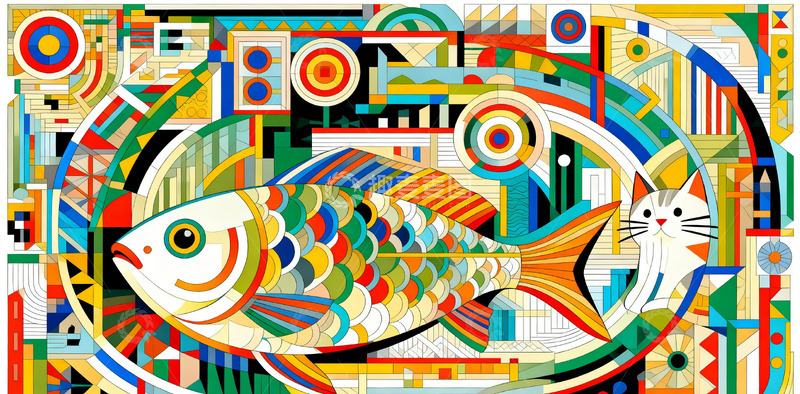 高清大图下载【趣麦麦图】抽象鱼猫几何图案设计