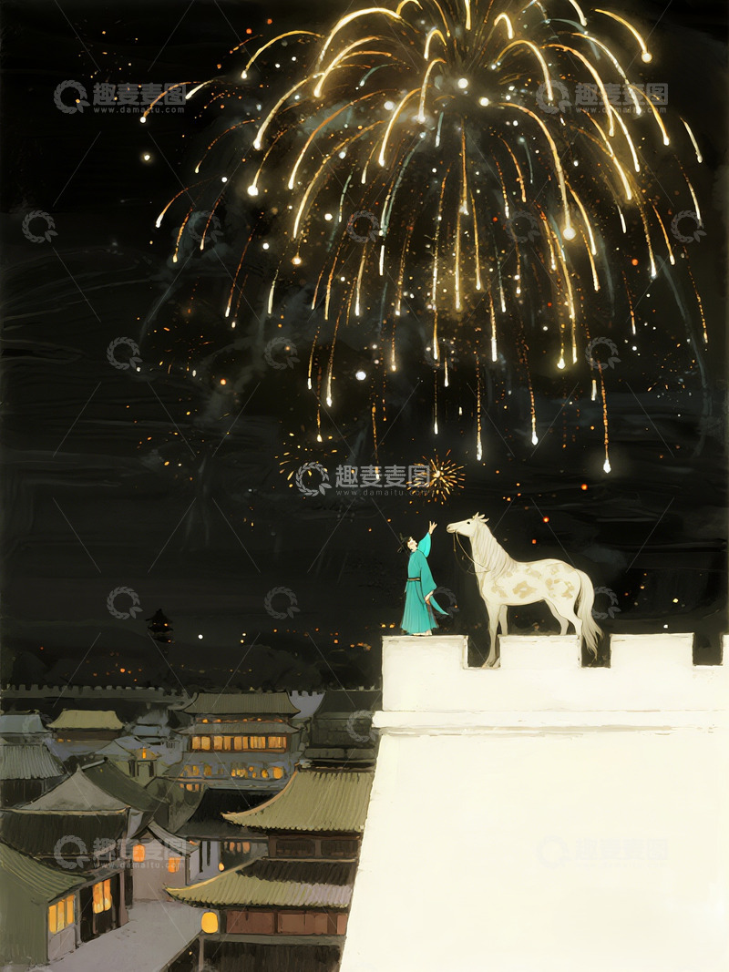 高清大图下载【趣麦麦图】古风烟花庆典手绘建筑马雕塑